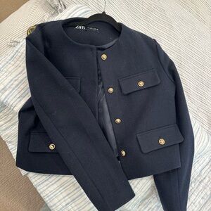 Zara Gold Button Blue Tweed Textured Blazer Jacket Size Large